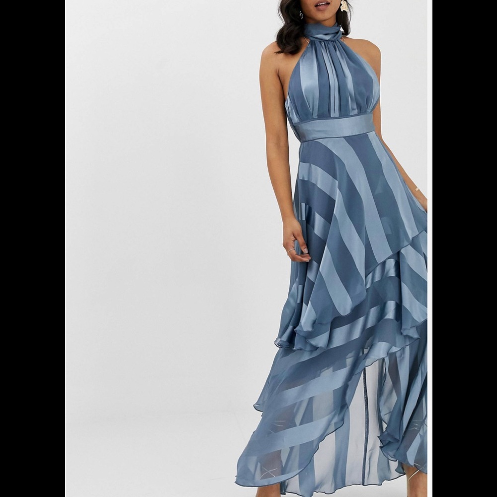 High Neck Tiered Maxi Dress In Sheer And Solid Stripe